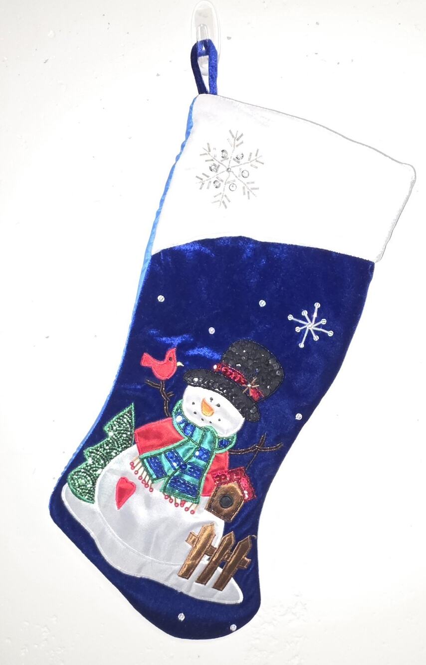 Vintage Snowman Christmas Stocking Blue Velvet Sequined Snowflake Holiday Decor